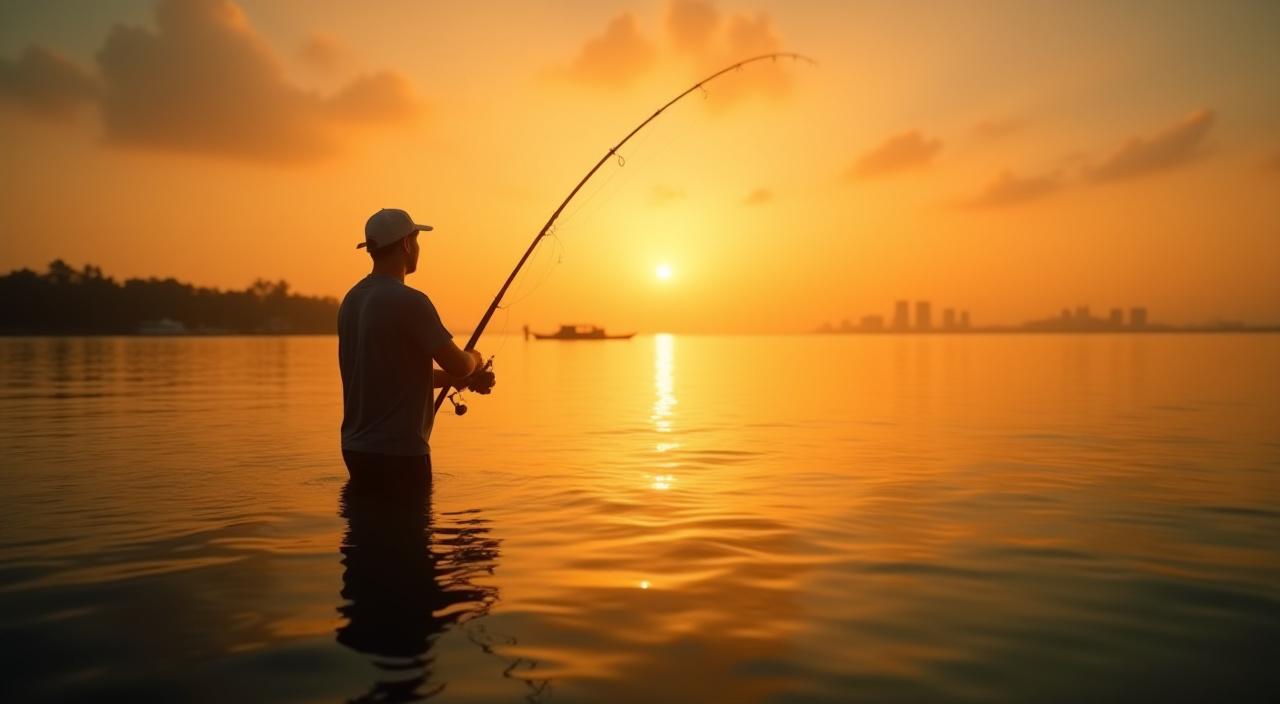 Angler casting a line at sunrise near Singapore coastline