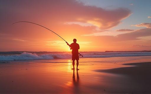 Angler surfcasting from a sandy beach at sunset